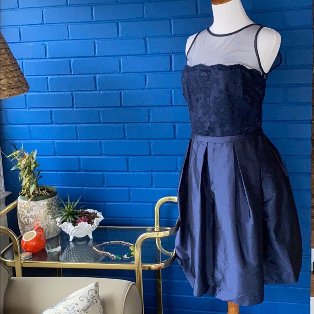 Monique lhuillier blue lace satin fit flare dress
